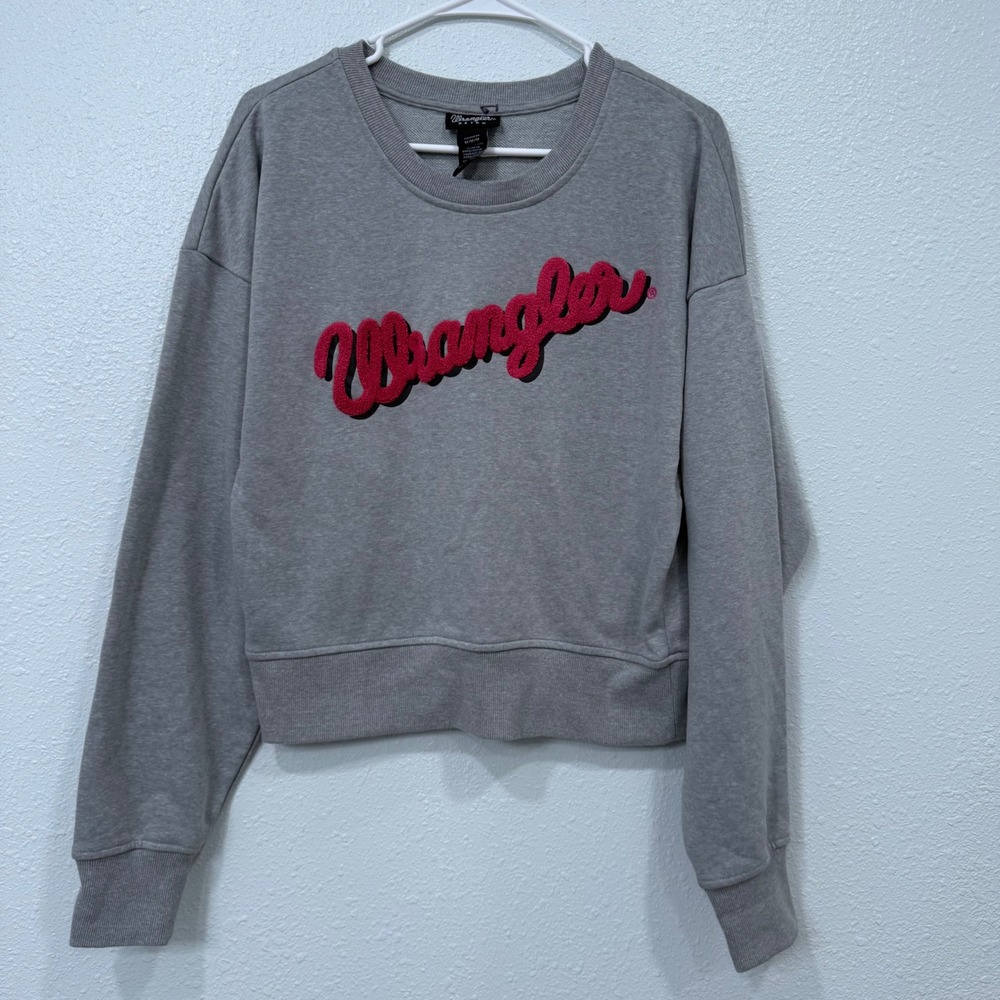 Wrangler Retro Womens Cropped Sweatshirt Gray Red Chenille Logo Pullover Medium